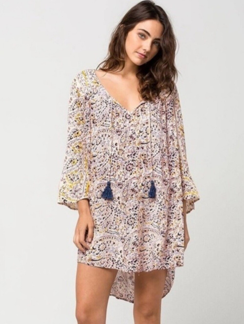 Billabong Paisley Print Tassel Tunic Top Shift Dress White Rayon XS Small